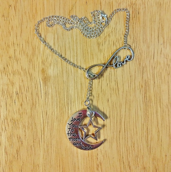 Silver Toned Love Moon Stars Infinity Necklace - Picture 2 of 4